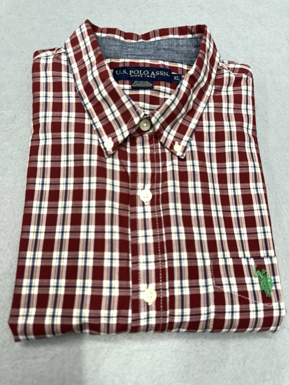 US Polo Assn Button Down Shirt Mens XL Maroon Blue Plaid Long Sleeve Casual Work